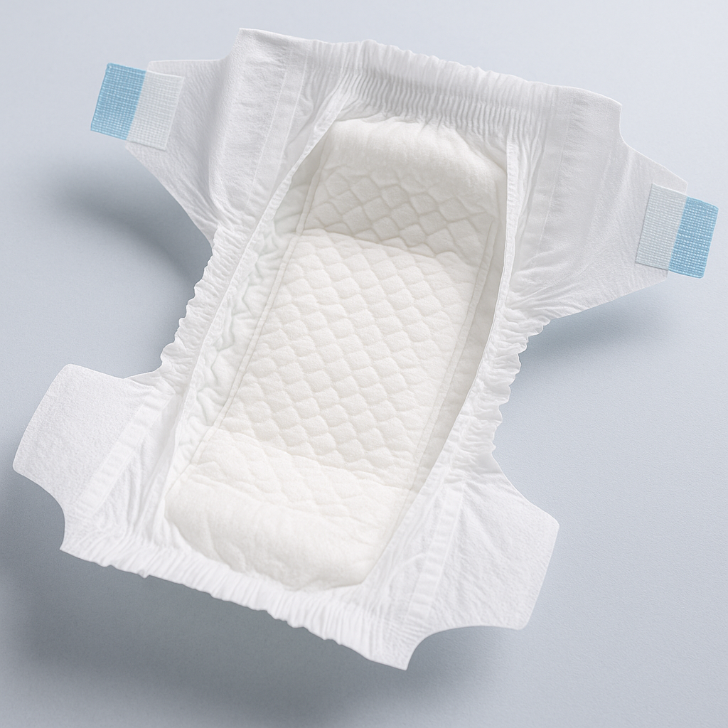 A baby diaper showcasing Sanvera’s quality raw materials for comfort and protection.