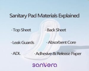 "SanVera sanitary pad components: labeled parts include top sheet, back sheet, leak guards, absorbent core, ADL, and adhesive & release paper."