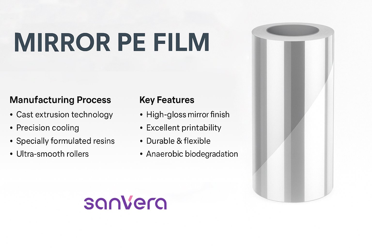Sanvera Mirror PE Film roll with key features and manufacturing process listed