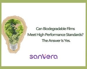 Biodegradable film concept with green tree inside a lightbulb, symbolizing sustainability and innovation by Sanvera.