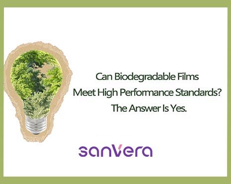 Biodegradable film concept with green tree inside a lightbulb, symbolizing sustainability and innovation by Sanvera.