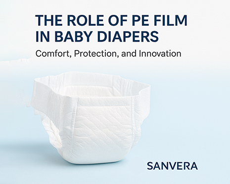 PE film as a baby diaper raw material providing comfort, breathability, and leak protection, with Sanvera branding on a clean blue background.