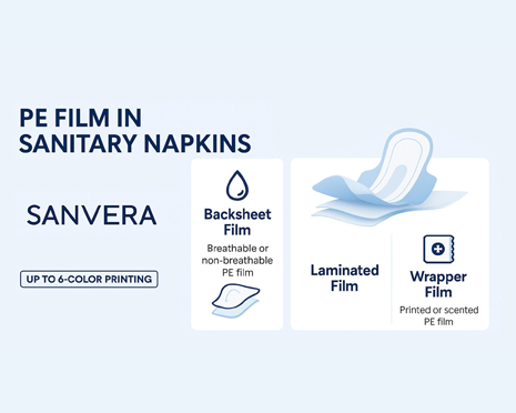 PE film applications in sanitary napkins, including backsheet film, laminated film, and wrapper film by SANVERA.