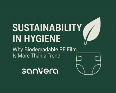 Biodegradable PE film for sustainable hygiene products — eco-friendly diaper backsheet concept with green leaf and sanitary pad illustration