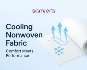 Cooling nonwoven fabric roll with breathable texture and blue airflow arrows, highlighting cool-touch performance for sanitary pads and liners